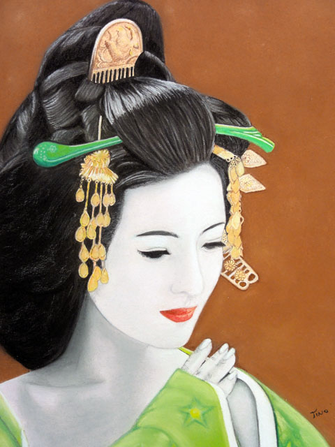 dessin portrait féminin pastel geisha verte