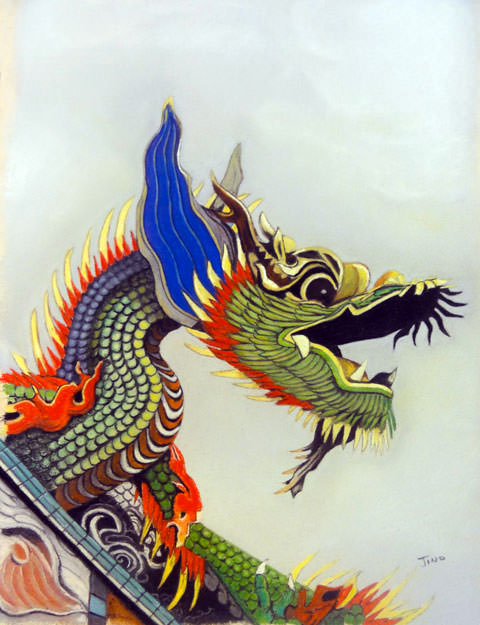 dessin pastel d'une sculpture dragon de Shifen