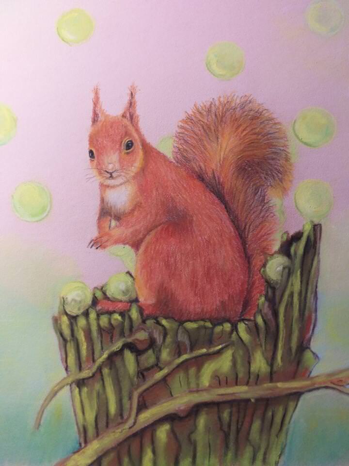 dessin pastel d'un ecureuil
