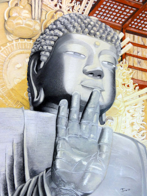 dessin pastel d'une statue de bouddha