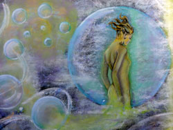 pastel d'une femme dans une bulle bleu