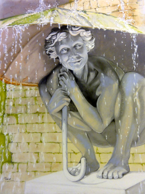 dessin pastel d'une statue du jardin du tripot à Honfleur