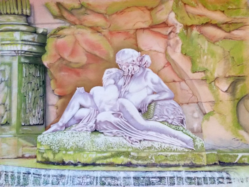 dessin pastel de la fontaine de Acis et galathée